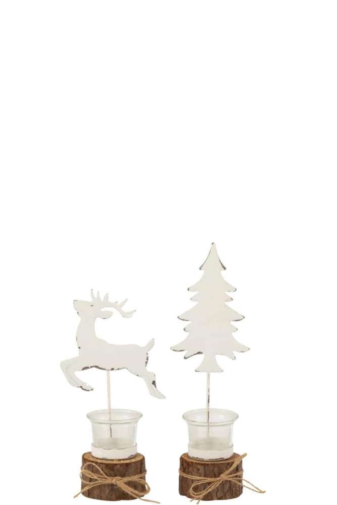 TEALIGHT HOLDER ON TREE TRUNK TREE/REINDEER WOOD/GLASS WHITE/BROWN ASSORTMENT OF TWO