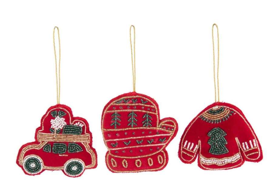HANGER CAR/MITTEN/SWEATER BEADS/VELVET CHRISTMAS RED ASSORTMENT OF 3