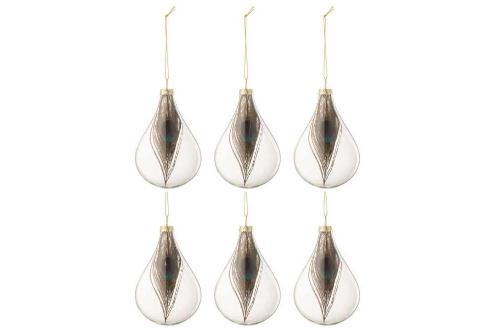 BOX OF 6 CHRISTMAS BAUBLES DROP PEACOCK FEATHER GLASS TRANSPARENT SMALL