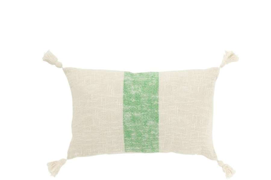 CUSHION RECTANGLE STRIPES+TASSELS COTTON WHITE/GREEN