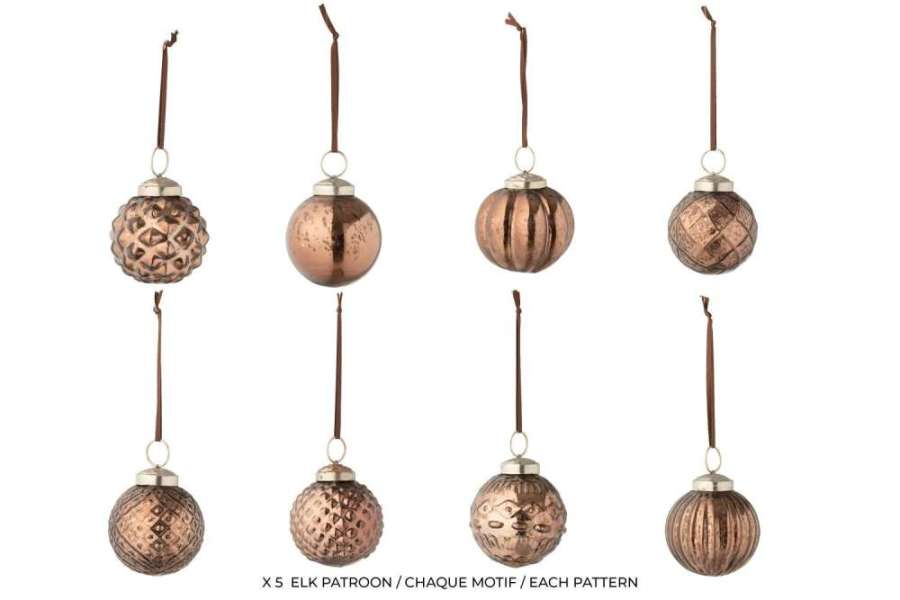 BOX OF 40 CHRISTMAS BAUBLE 8 PATTERNS GLASS BROWN