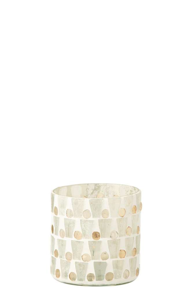CANDLE HOLDER CYLINDER MOSAIC GLASS OFF-WHITE/GOLD COLORED MEDIUM