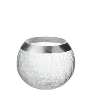 CANDLEHOLDER BALL CRACKLE GLASS TRANSPARENT/SILVER LARGE