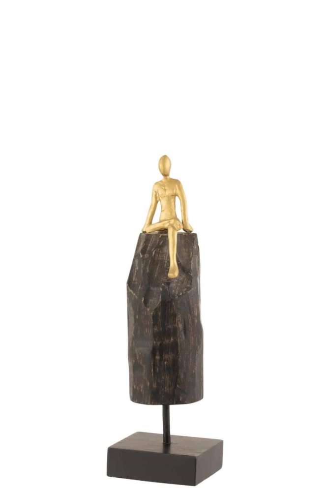 FIGURE SITTING MANGO WOOD/ALUMINIUM BLACK/GOLD SMALL