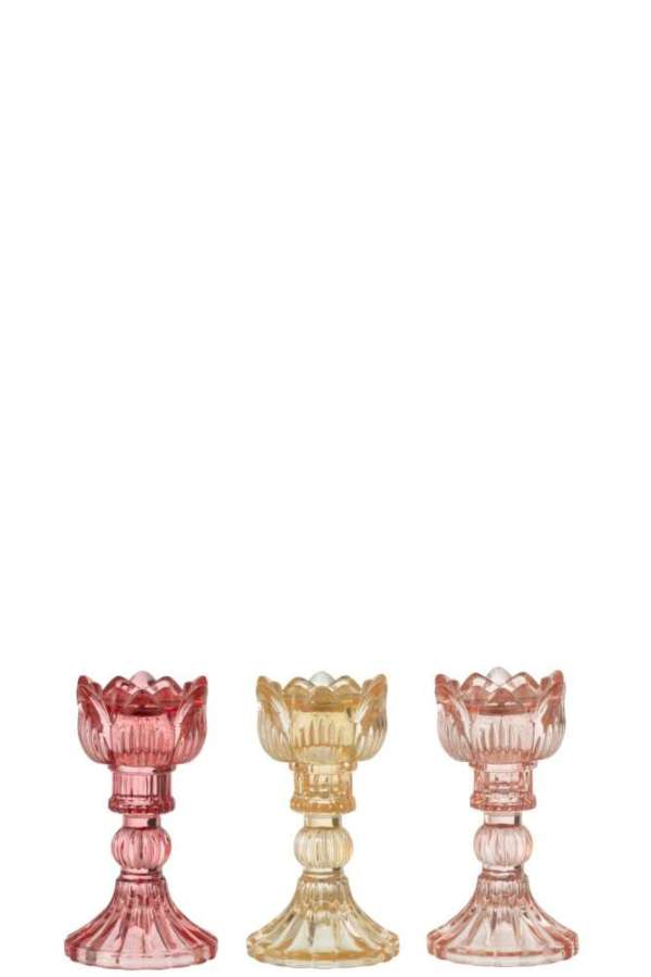 CANDLE HOLDER ROSE WARM GLASS MIX ASSORTMENT OF 3