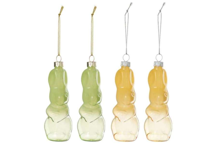 BOX OF 4 RABBIT HANGER GLASS GREEN/YELLOW
