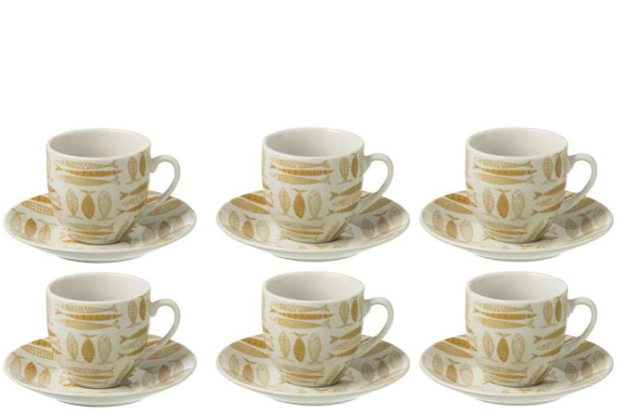 BOX OF 6 COFFEE CUP+SAUCER FISH CERAMICS BROWN