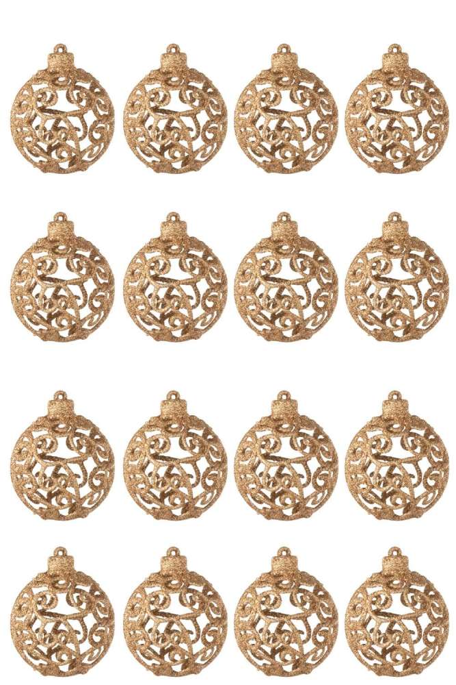 BOX OF 16 CHRISTMAS BAUBLE BAROQUE PATTERN PLASTIC PEACH