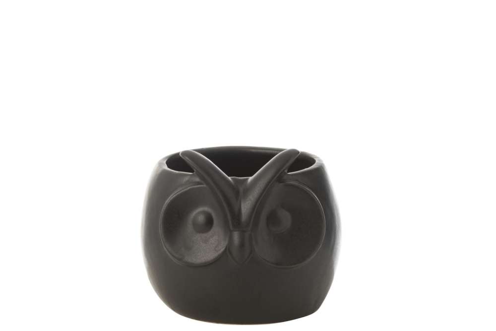 FLOWERPOT OWL BLACK PORCELAIN LARGE