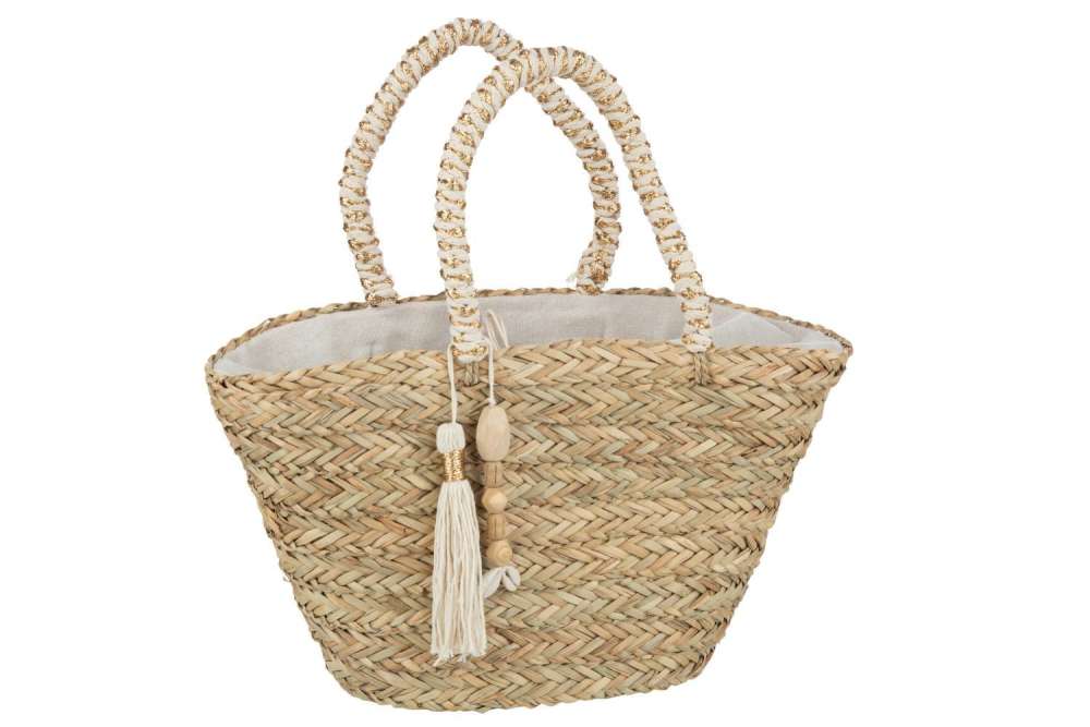 BEACH BAG TASSEL+WOODEN BEADS SEAGRASS NATURAL/CREAM