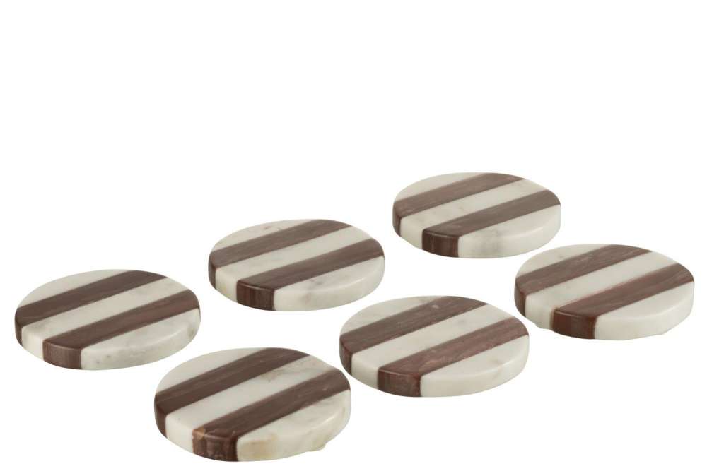 S/6 COASTERS STRIPE MARBLE WHITE/BROWN