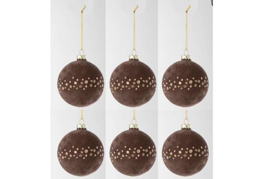 BOX OF 6 CHRISTMAS BAUBLE DOTS VELVET BROWN/GOLD