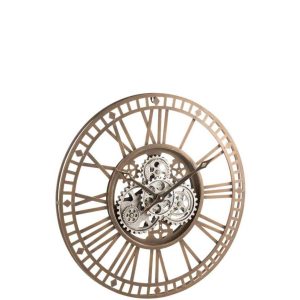 CLOCK ROMAN NUMERALS VISIBLE MECANISM METAL ANTIQUE GREY