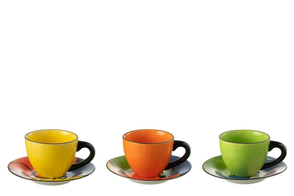 BOX OF 3 TEA CUP + SAUCER POP ART PROCELAIN ASSORTMENT OF 3