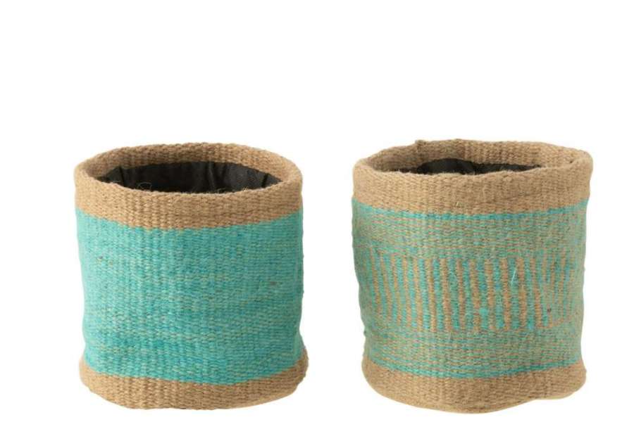 BASKET ROUND+BAND JUTE NATURAL/AZURE LARGE ASSORTMENT OF 2