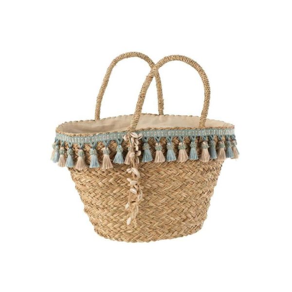 BEACH BAG TASSELS BLUE/BEIGE REED NATURAL
