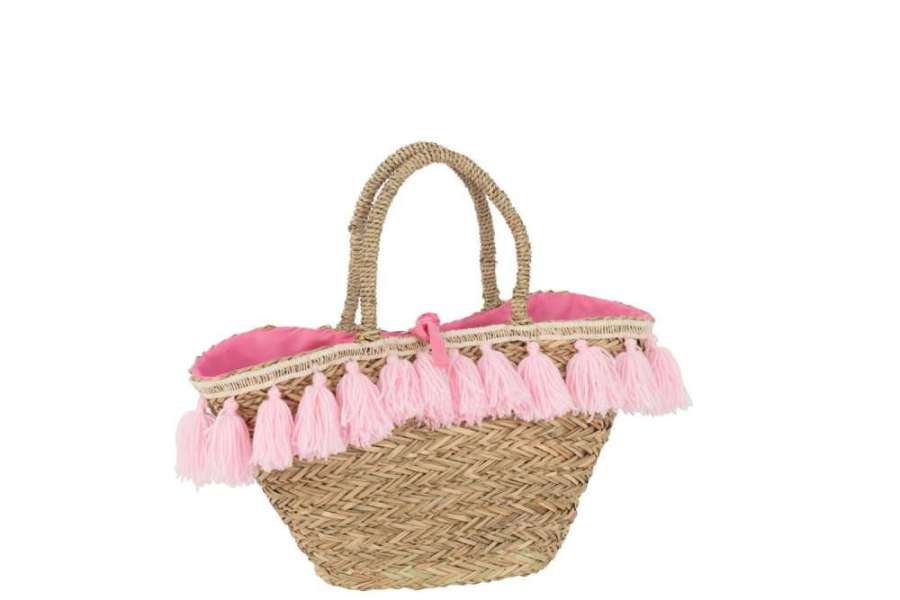 BEACH BAG TASSELS JUTE/TEXTILE NATURAL/PINK