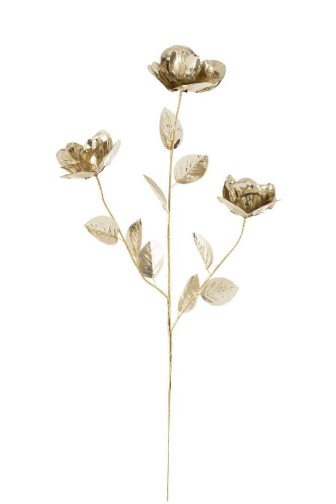BRANCH 3 FLOWERS + LEAF PLASTIC GOLD