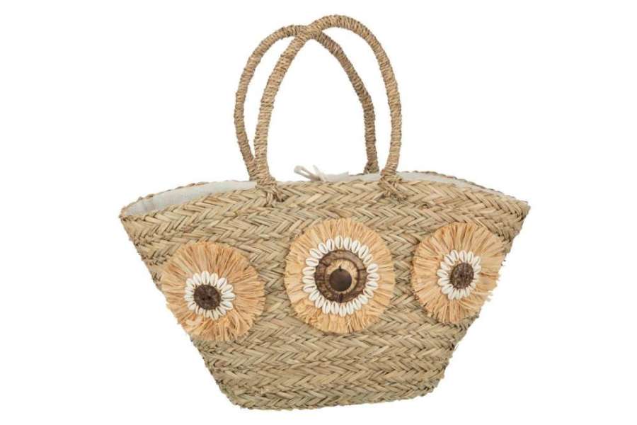 BEACH BAG SUNFLOWERS SHELLS SEAGRASS NATURAL