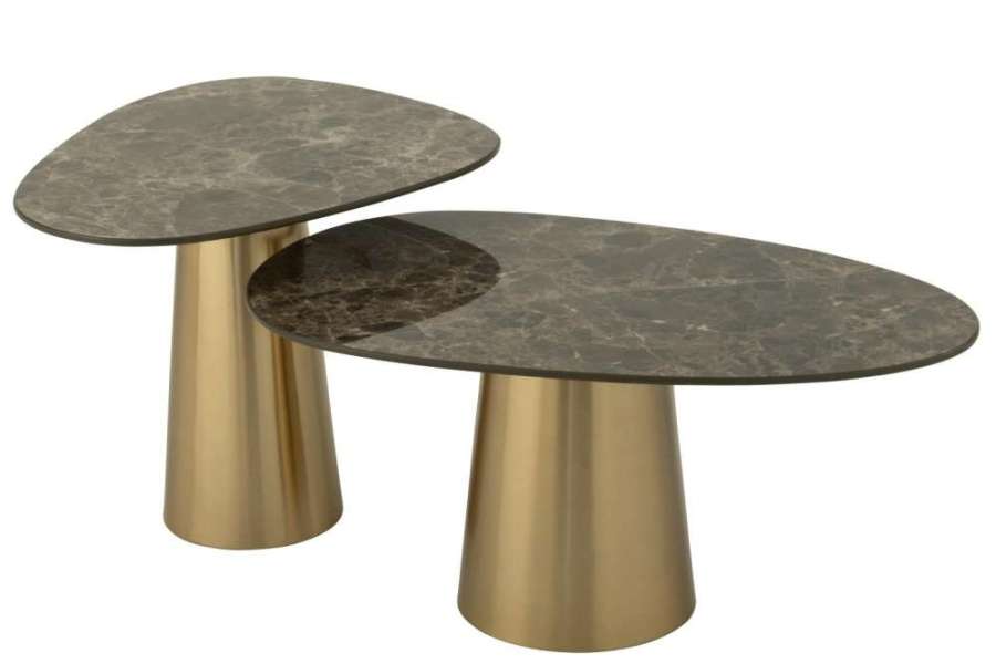 SET OF 2 SIDE TABLE MARBLE EFFECT IRON BRONZE COLORED/TAUPE
