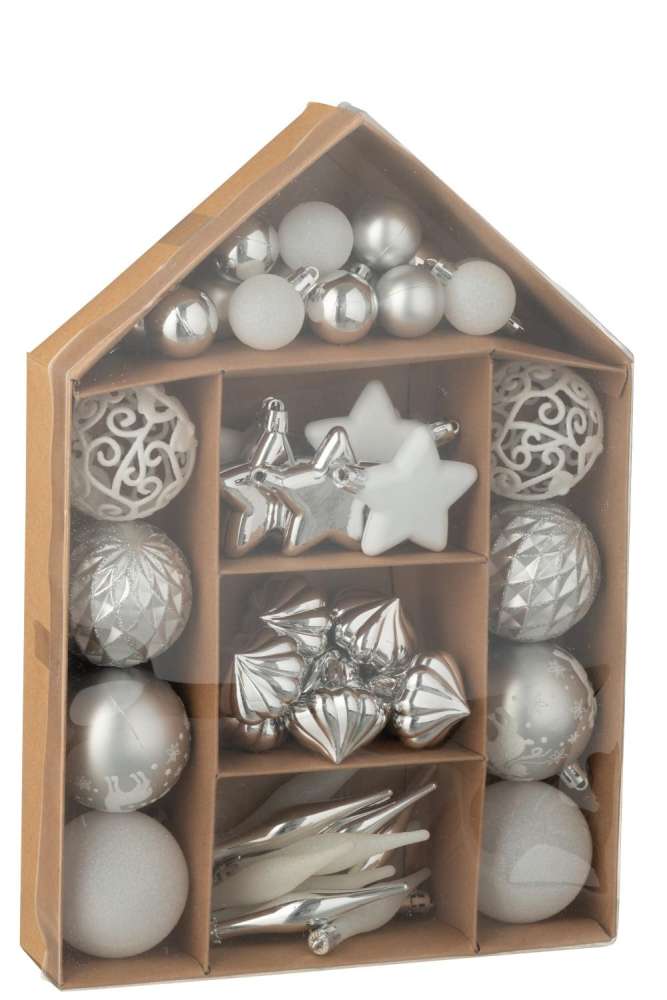 BOX OF 50 CHRISTMAS BAUBLE PLASTIC SILVER COLORED/WHITE