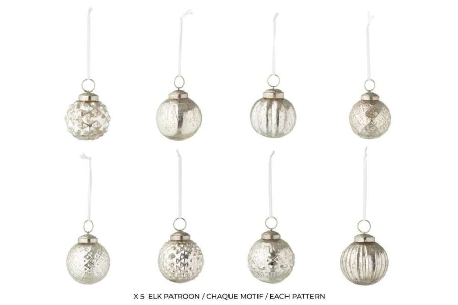 BOX OF 40 CHRISTMAS BAUBLE 8 PATTERNS GLASS SILVER COLORED