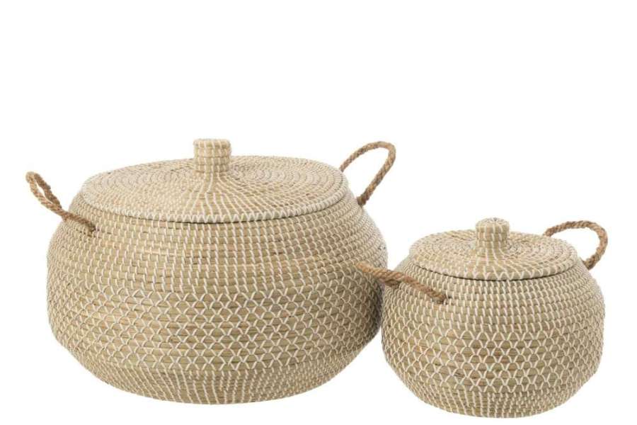SET OF 2 BASKET HANDLES+LID SEAGRASS/PLASTIC NATURAL/WHITE
