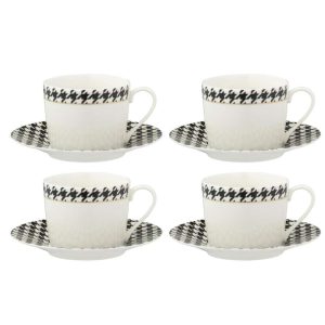 BOX OF 4 COFFEE CUP  +  SAUCER PIED-DE-POULE PORCELAIN WHITE/BLACK
