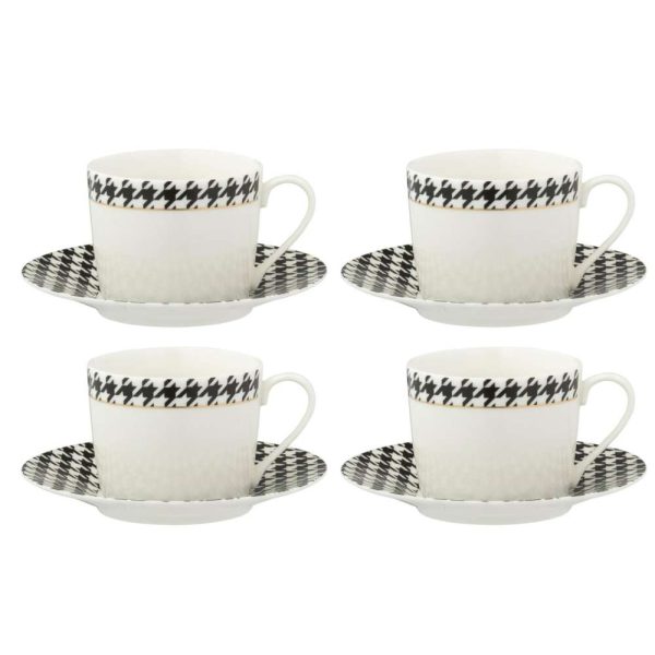 BOX OF 4 COFFEE CUP  +  SAUCER PIED-DE-POULE PORCELAIN WHITE/BLACK