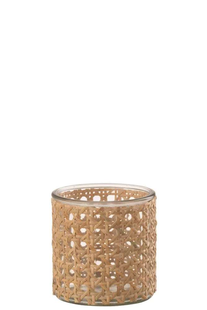 TEALIGHT HOLDER RATTAN GLASS TRANSPARENT SMALL