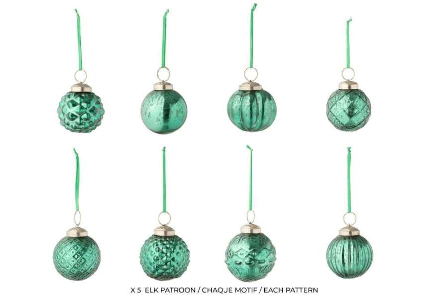 BOX OF 40 CHRISTMAS BAUBLE 8 PATTERNS GLASS GREEN