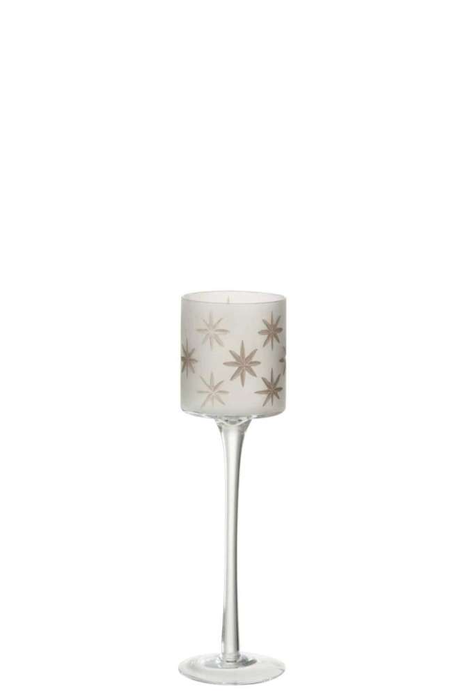 TEALIGHT HOLDER ON FOOT STAR GLASS WHITE/GOLD SMALL