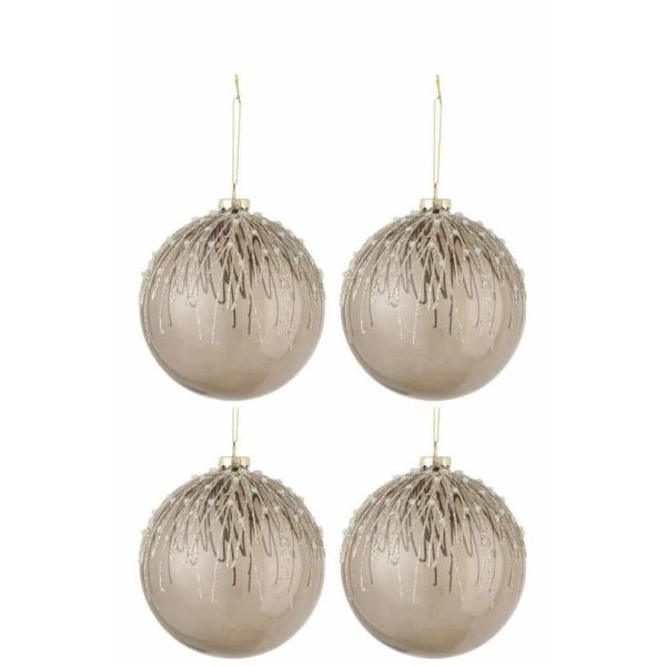 BOX OF 4 CHRISTMAS BAUBLES PEARLS GLITTER GLASS GREY LARGE