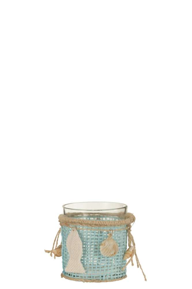 TEALIGHT HOLDER SEA DECORATION GLASS BLUE/WHITE