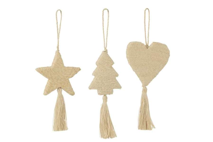 HANGER STAR HEART TREE JUTE CREAM ASSORTMENT OF 3