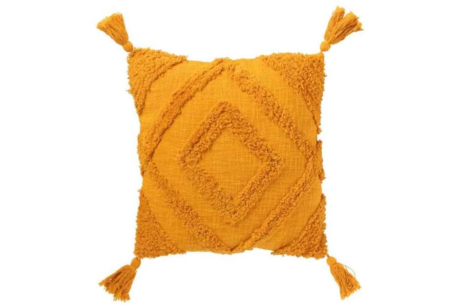 CUSHION TUFTED PATTERN+TASSELS COTTON OCHRE