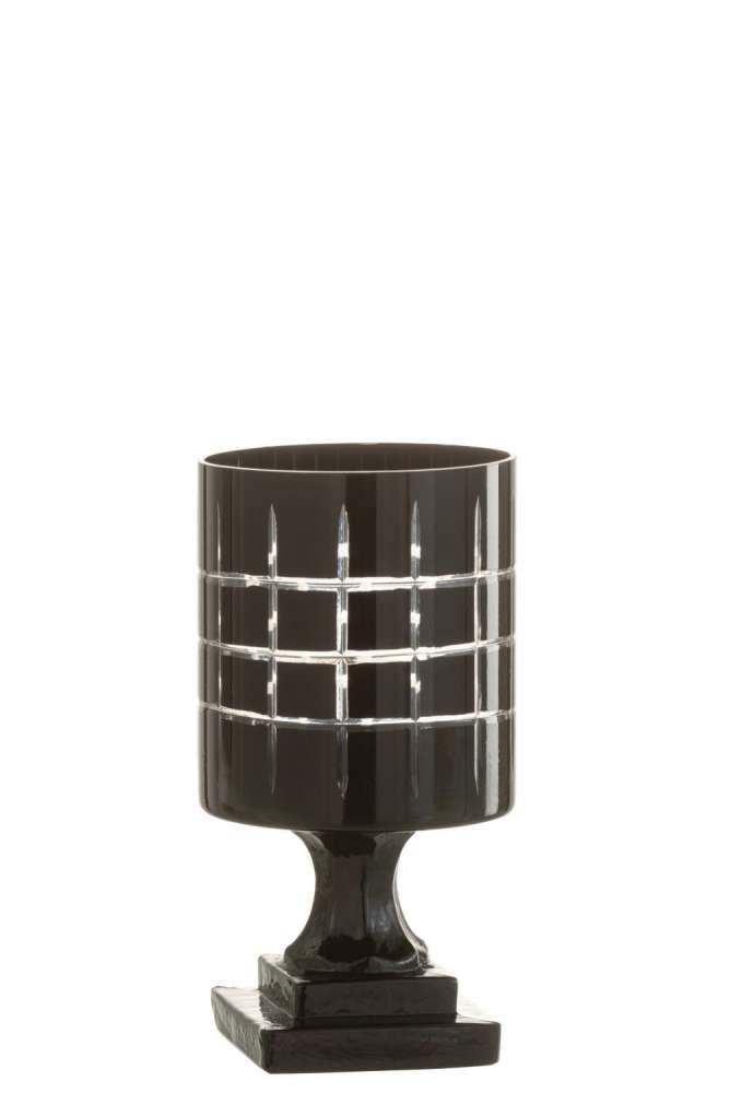 TEALIGHT HOLDER ON FOOT CHECKERED GLASS BLACK