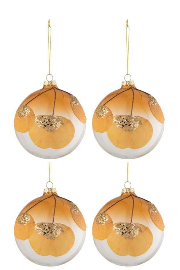 BOX OF 4 CHRISTMAS BAUBLES DRIED LEAF OCHRE+GLITTER GLASS TRANSPARENT MEDIUM