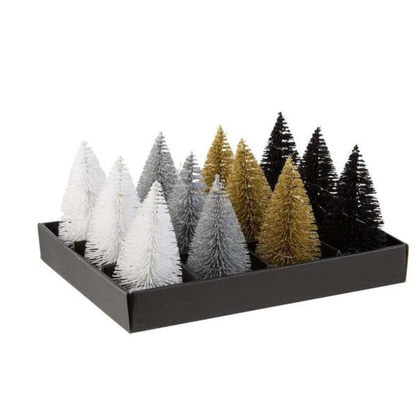 DISPLAY 12CHRISTMAS TREE+LED GLITTER PLASTIC BLACK/SILVER/GOLD