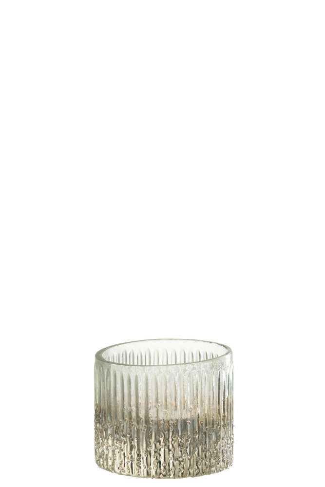 TEALIGHT HOLDER RIBBED GLASS SILVER/TRANS SMALL