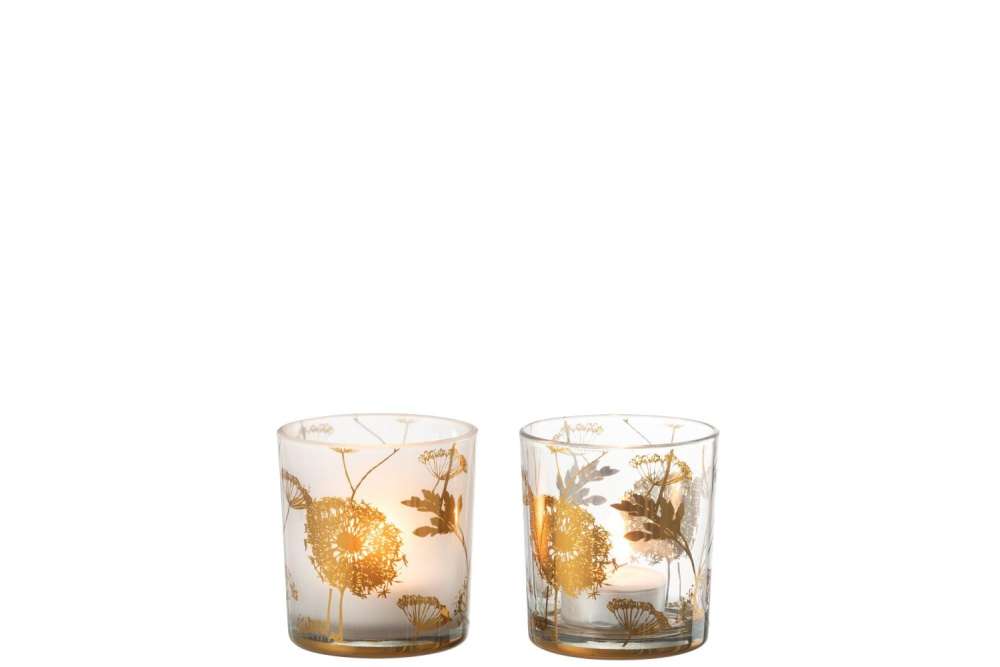 TEALICHT HOLDER DANDELION GLASS CLEAR/MAT/GOLD SMALL ASSORTMENT OF 2