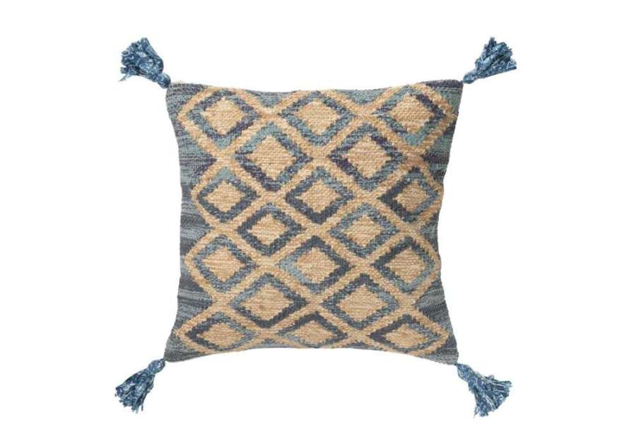 CUSHION SQUARE LOZENGE PATTERN JUTE/COTTON NATURAL/BLUE