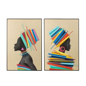 PAINTING AFRICAN WOMAN WOOD/CANVAS MIX ASSORTMENT OF 2