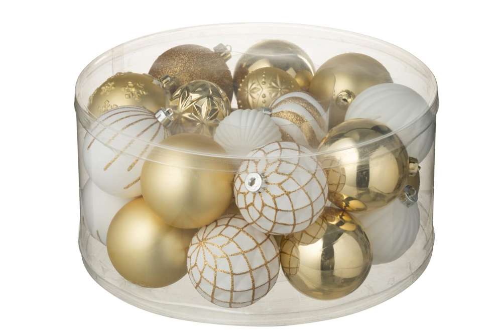 BOX OF 30 CHRISTMAS BAUBLE PLASTIC WHITE/GOLD COLORED