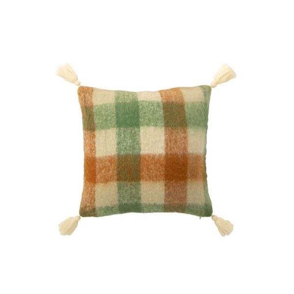 CUSHION CHECKERED+TASSELS ACRYLIC WHITE/GREEN/BROWN