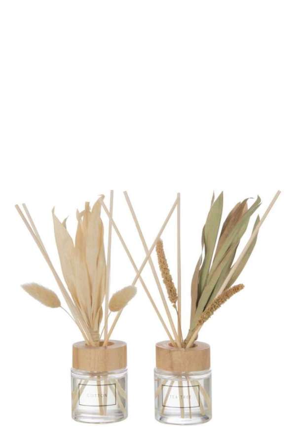 SCENTED OIL + FLOWERS GLASS GREEN/NATURAL ASSORTMENT OF 2