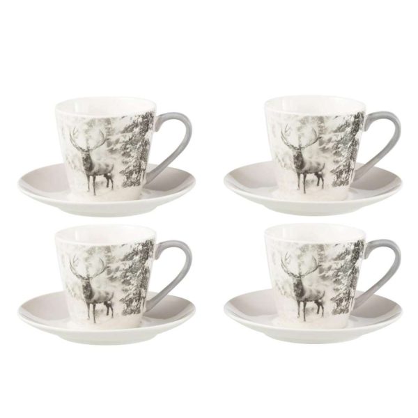 BOX OF 4 TEA CUP+SAUCER REINDEER WINDOWNBOX CERANMICS GREY LARGE