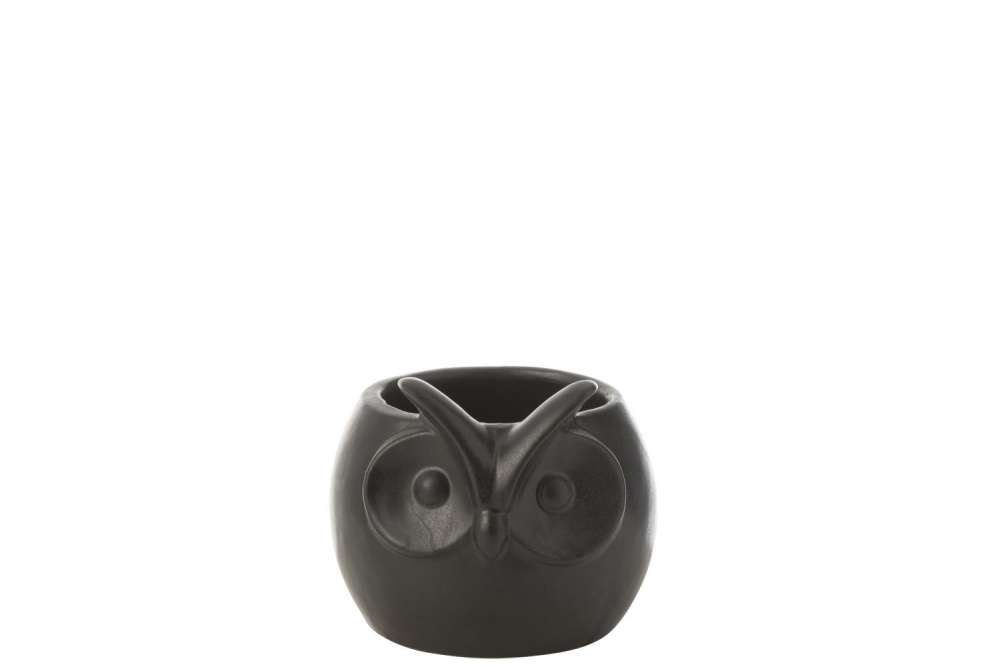 FLOWERPOT OWL BLACK PORCELAIN SMALL