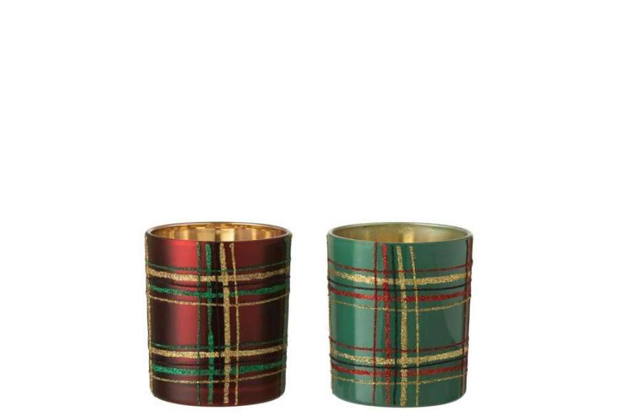 TEALIGHT HOLDER CHECKERED GLASS RED/GREEN LARGE ASSORTMENT OF 2