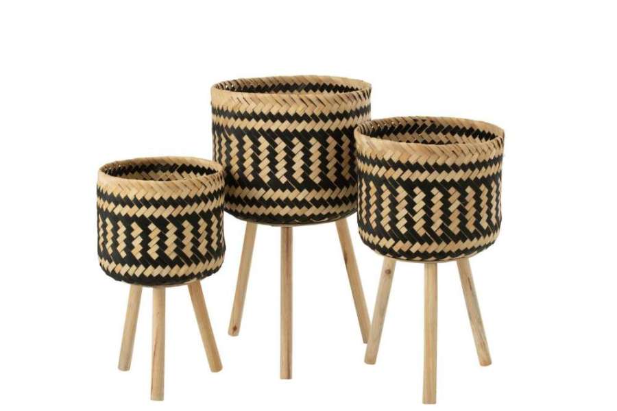 SET OF 3 BASKET PATTERNS 3 LEGS BAMBOO NATURAL/BLACK